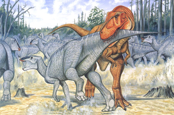 霸王龙的体色鲜艳,而鸭嘴龙就比较暗