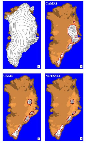 模拟的现代(a)和上新世中期(b~d)格陵兰冰盖表面高度,其中上新世中期气候强迫来自于气候模式CAM3.1(b),CAM4(c)和NorESM-L(d)的模拟结