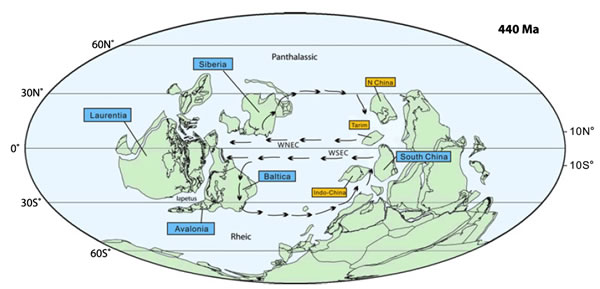 埃隆期全球古地理图，图中箭头示南北赤道环流导致腕足动物在不同块体之间的交换