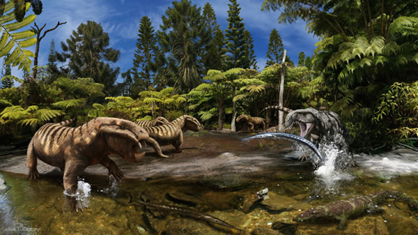 ��Ҳ��Ϊ������Ӱ�ӵ�Ѳ��չ�������͹����Ƶ�һ����Ʒ��ͼ��һȺ�����ޣ�Dicynodon������������ؿ���һֻ������Archosaurus�����������ڲ�ʳһ��