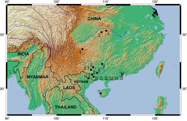 ͼ1 ���Ͼ�Գ���л�ʯ�ص㣨�����о����漰�ص�1��2��4��15��������ο����£�