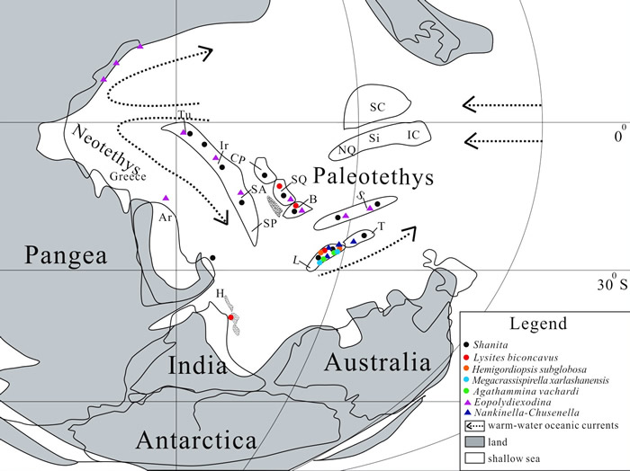 基墨里区中二叠世一些重要有孔虫分子的古生物地理分布图