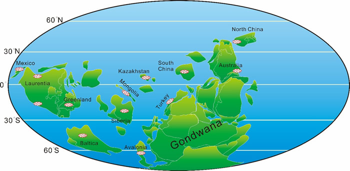 �����΢�����Ƭ��ʯ�Ĺŵ����ֲ����޸���Torsvik and Cocks, 2013b; Yang et al., 2015��