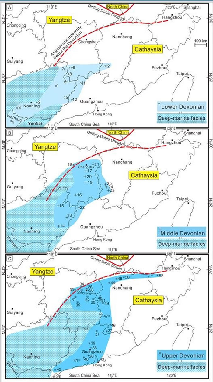 华南板块华夏陆块上早泥盆世(A)、中泥盆世(B)和晚泥盆世(C)近岸和深水沉积分布图