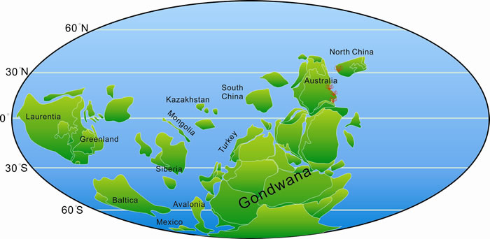 ����ϵ�ڶ�ͳ��Ī�ؿǻ�ʯPaterimitra pyramidalis�Ĺŵ����ֲ����ŵ���ͼ�޸���Torsvik and Cocks, 2013b; Yang