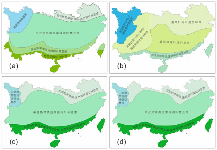 中国南方植被分带图(a)现代植被分带图;(b)18ka BP植被分带图;(c)9ka BP植被分带图;(d)6ka BP植被分带图