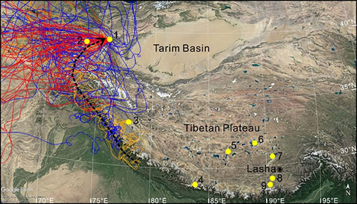 ͼ2 2018�괺��3�£����ߣ���4�£���ɫ����5�£���ɫ����������켣����ɫ���߱�ʾ����ظ�ԭ����Ե�����׶�����������ʾ��·������ɫԲ���ʾ��ظ�ԭ����ȫ����