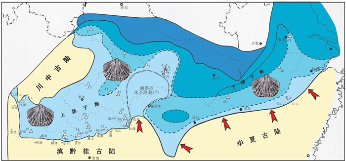 扬子区上奥陶统五峰组顶部稀少贝组合地理分布图
