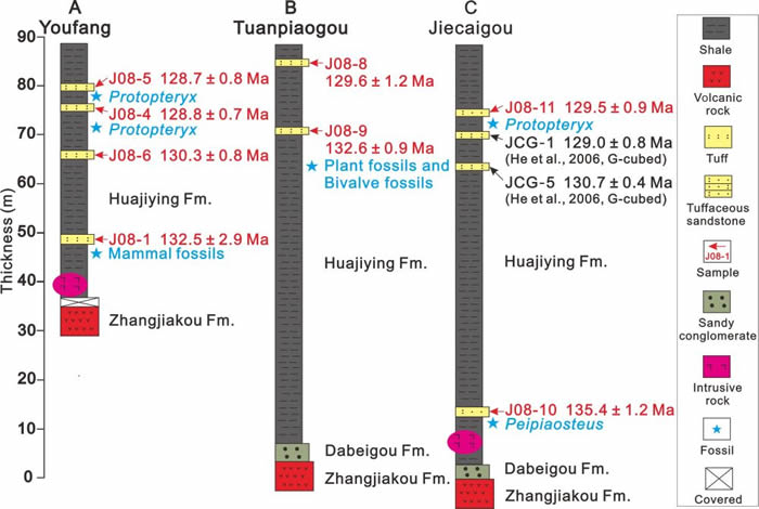 ͼ1.�����Ĳ�������ͷ�(A)����ư��(B)�ͽ�˹�(C)����ĵز����к��������ݡ���ɫ����Ǵ�������ʯ��λ����ɫ��ͷ������Ʒ�ɼ�λ�ü����䣻��ɫ��ͷ��ʾHe