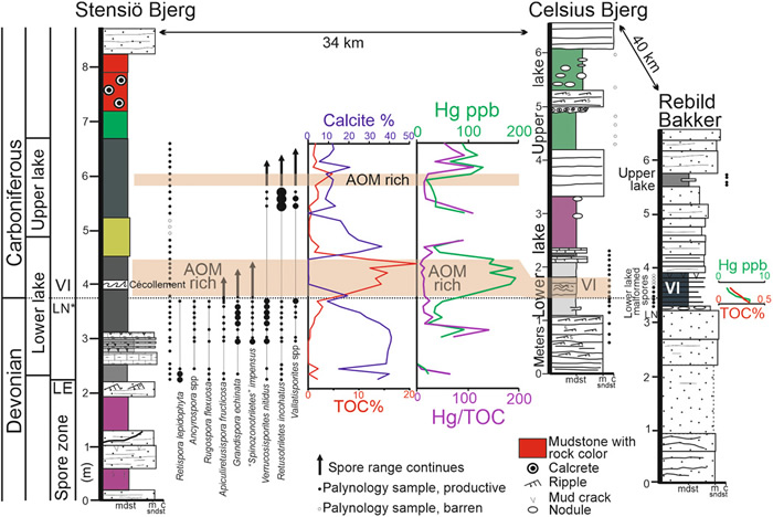 东格陵兰地区泥盆纪-石炭纪界线地层剖面(Stensio Bjerg、Celsius Bjerg及Rebild Bakker),从左至右由深湖相转变为浅湖相。三个