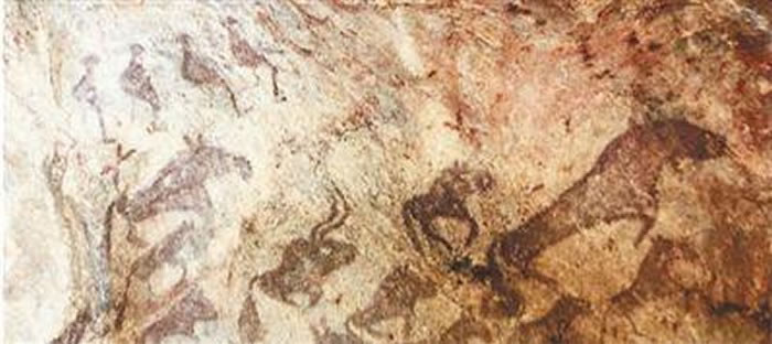 图为新疆阿勒泰汗德尕特乡“敦德布拉克洞穴彩绘岩画”。 图片来源：《西域美术全集1·岩画卷》，天津人民美术出版社出版