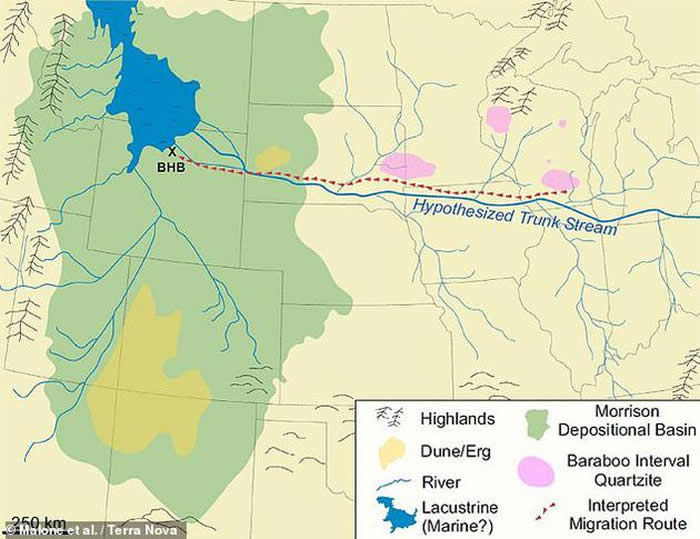 研究人员推测，蜥脚类恐龙可能是沿着一条河流（如上图所示）迁徙的，这条河流曾经从阿巴拉契亚山脉向西流向怀俄明州。尽管这条河流无法承载这些巨石，但它可能还是为恐龙开
