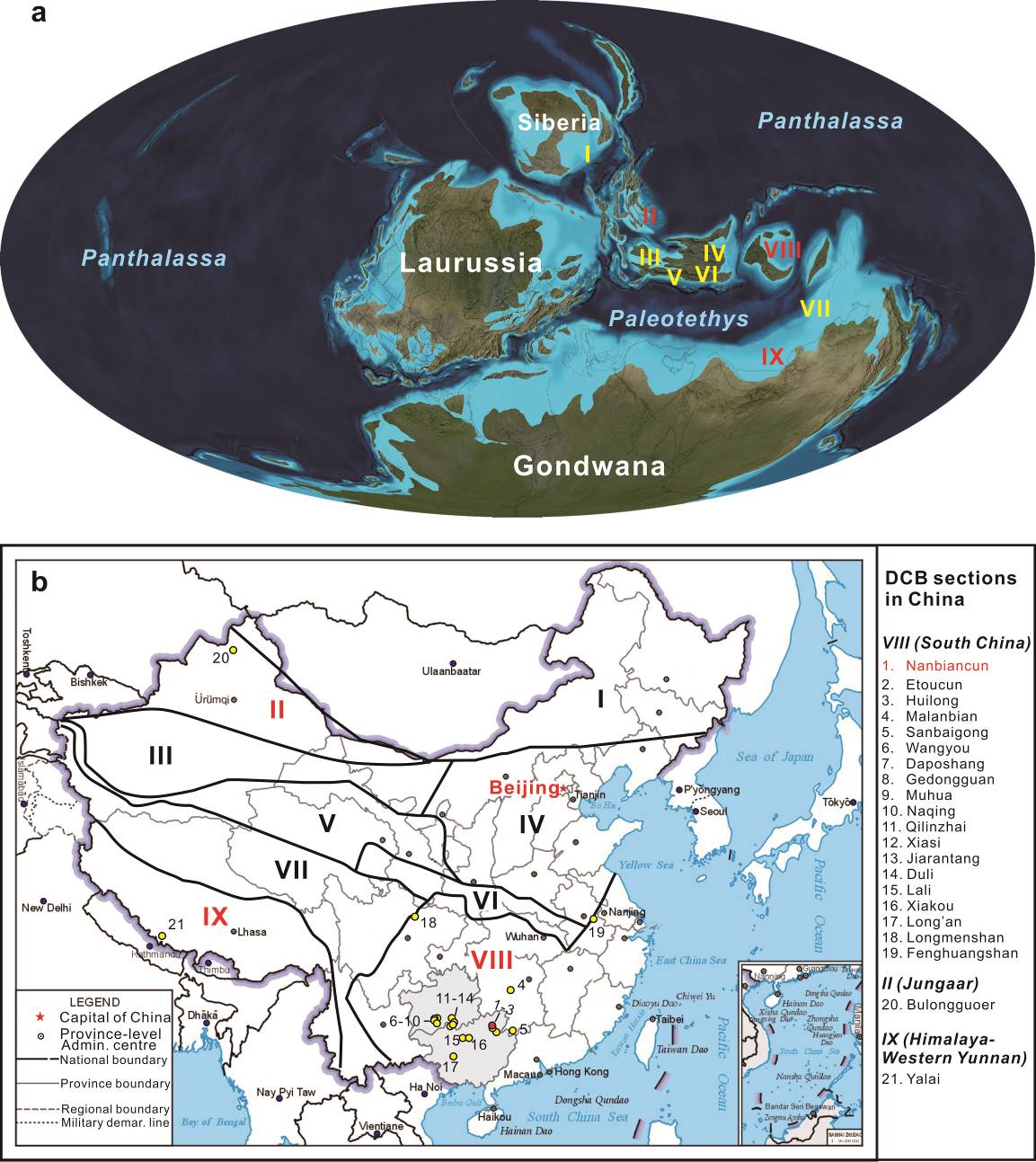 泥盆纪晚期中国各板块古地理位置图,据Ron Blakey (www2.nau.edu/rcb7)修改;B) 中国泥盆纪构造地层分区和研究程度较高的泥盆系-石炭系