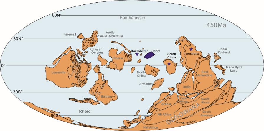 晚奥陶世凯迪期古地理复原图,示意塔里木板块与哈萨克斯坦密切的动物群联系