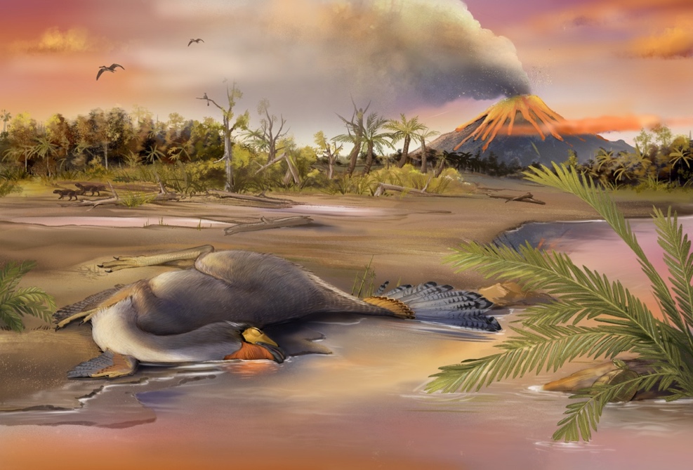 尾羽龙所在的热河生物群生态系统复原图，卧倒的是尾羽龙。