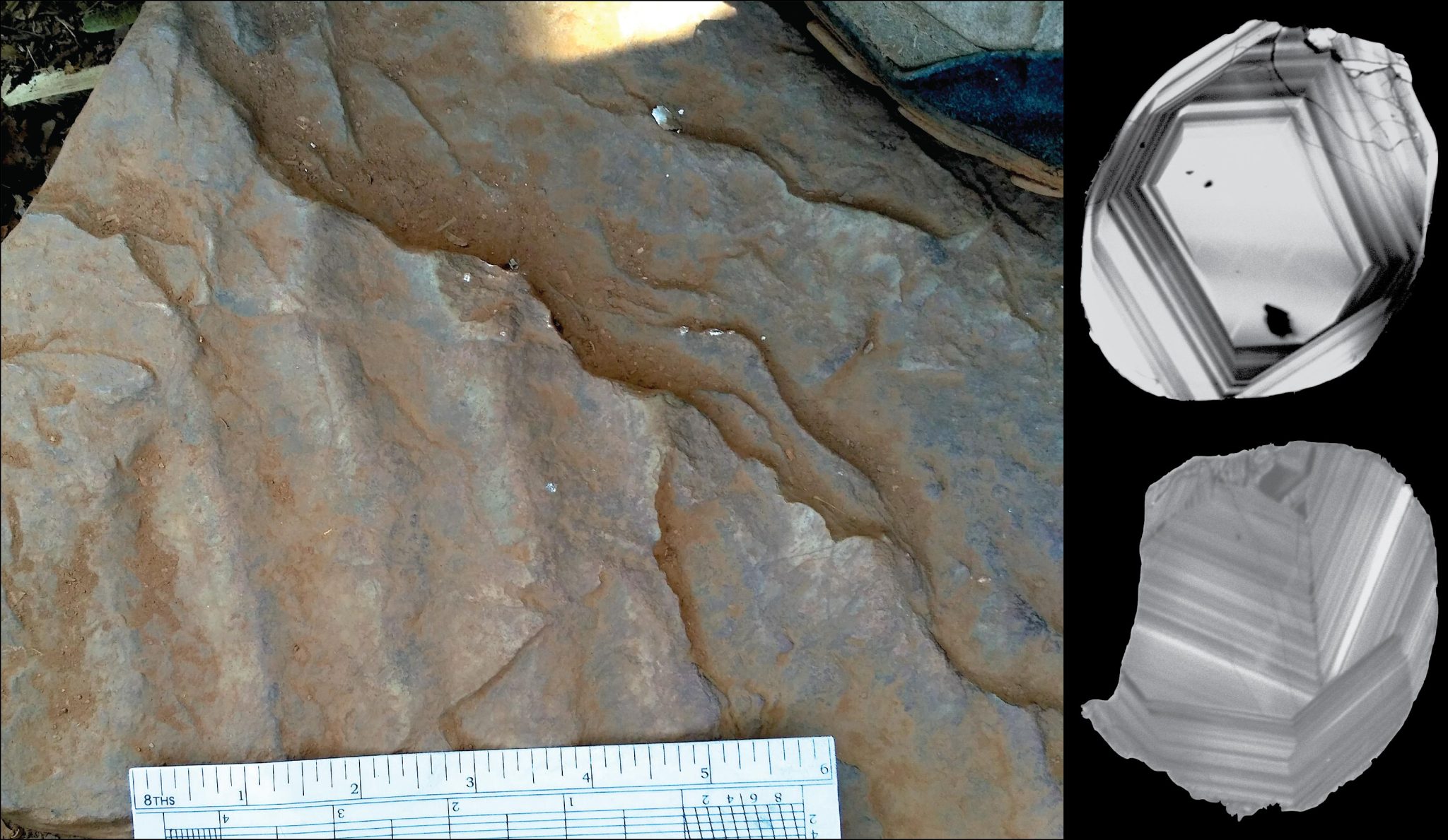 左图：砂岩地层（用尺子表示）；右图：锆石颗粒（显微图像）