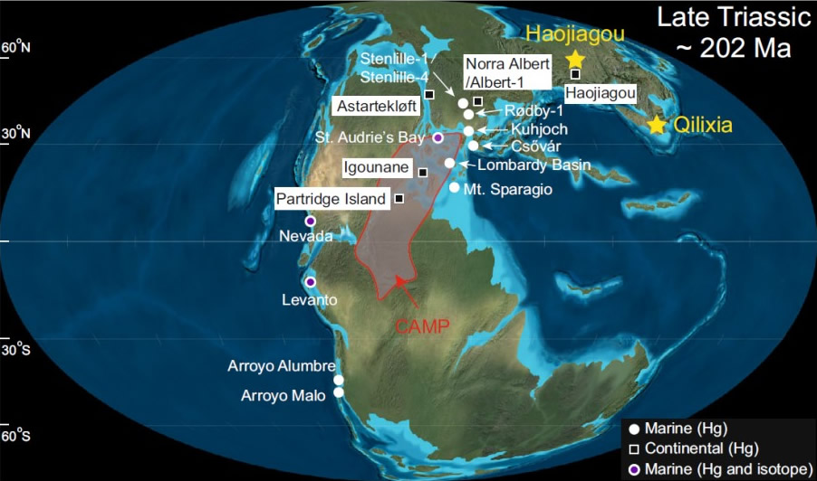 约2亿年的晚三叠世全球古地理图。五角星代表中国准噶尔盆地和四川盆地两个剖面的古地理位置；圆圈和正方形分别表示已经报道的海相和陆相汞记录剖面。CAMP代表中大西洋