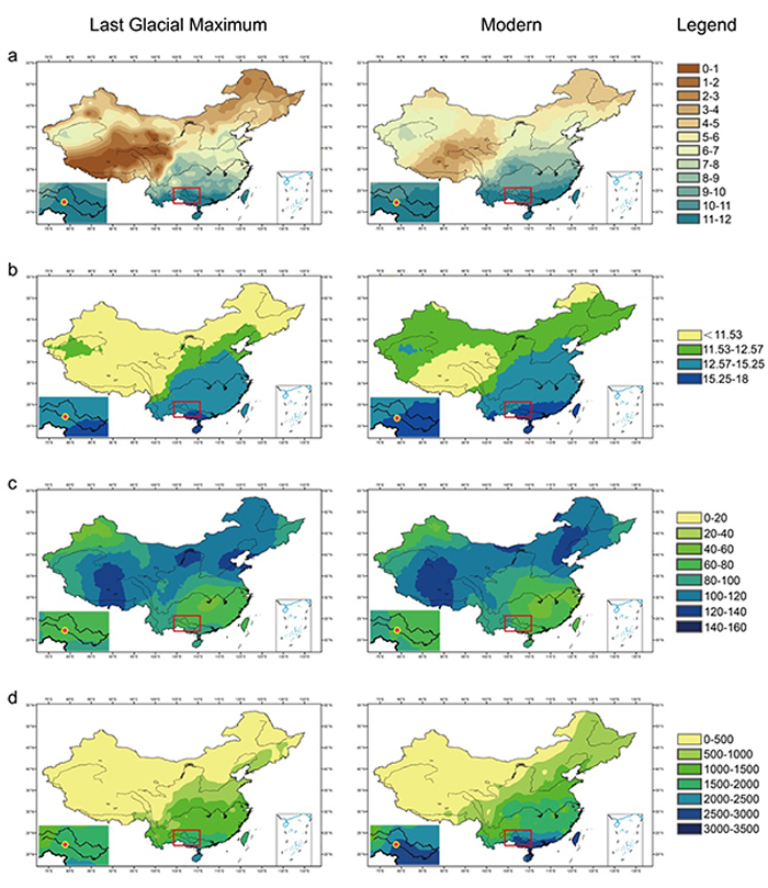 ���о����õ���̬ģ��ָ�ꡣa���������ڳ��ȣ��£���b����Ч�¶ȣ���C����c���½�ˮ������ϵ����d�����ر���������g/m2/year������������ͼ��ʾĩ��ʢ���ڣ�