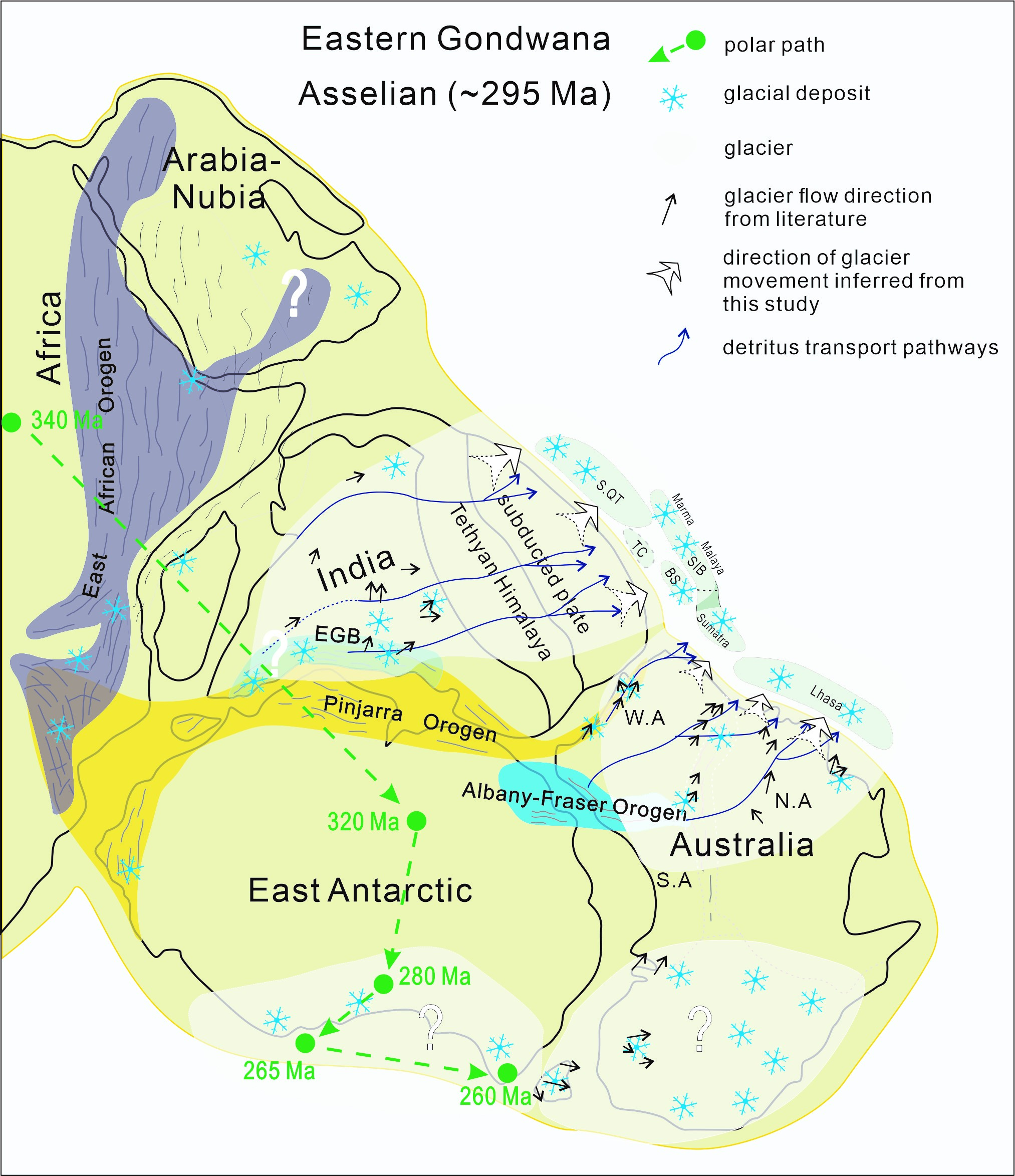 冈瓦纳东北缘古地理重建及晚古生代冰川分布图