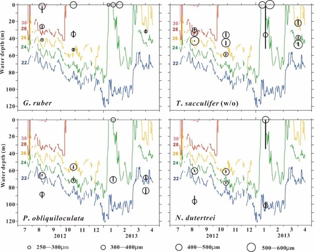 南海北部浮游有孔虫4个属种钙化水深的季节变化