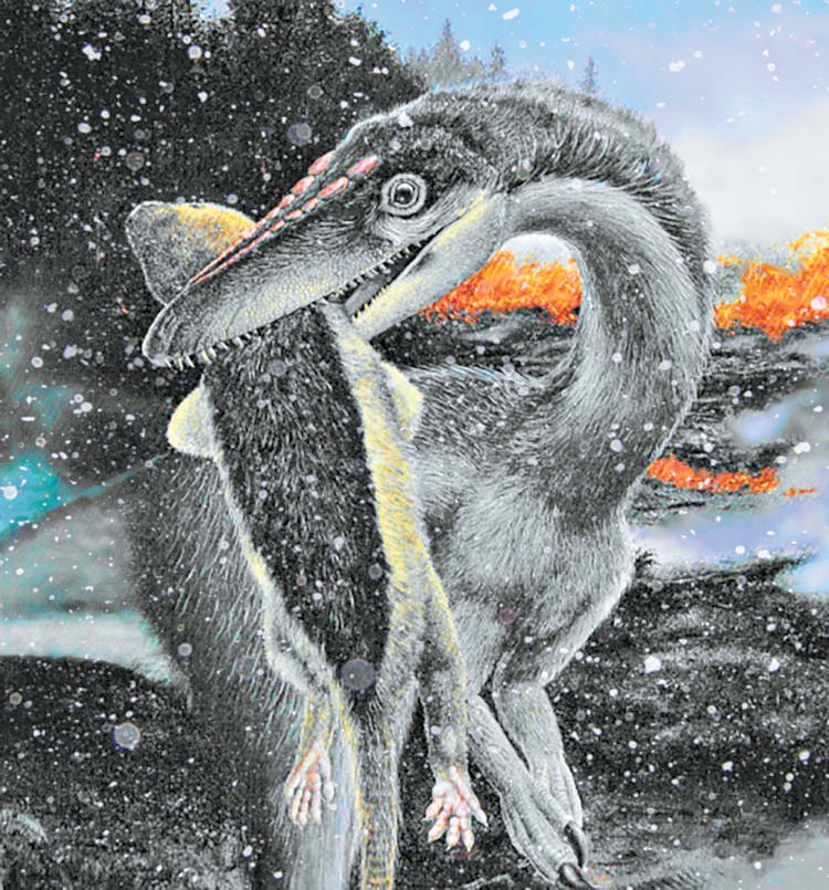 赤道地区，恐龙嘴里叼着一只基干哺乳动物。背景是“中央大西洋超级火成岩省”在潘吉亚大陆赤道地区的喷发，赤道地区因火山喷发冬天下起鹅毛大雪。（中科院南京地质古生物研